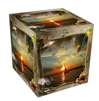 a cube with a picture of a seagull and a sailboat on it