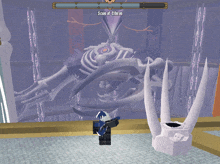a video game character stands in front of a giant skeleton with the words scum of eltron above it