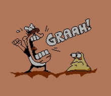 a pixel art cartoon of a man yelling at a slug .