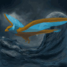 a bird with blue and yellow wings is flying over the ocean