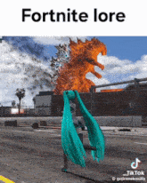 a picture of hatsune miku standing in front of a fire monster that says fortnite lore on it