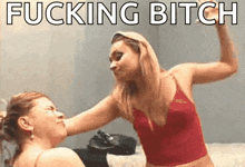 a woman in a red tank top is slapping another woman 's face and the caption says fucking bitch .