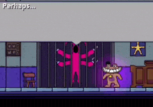 a cartoon character in a jail cell with the words perhaps on the bottom left