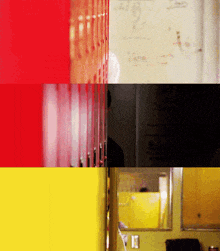 a collage of red yellow and black images of a locker