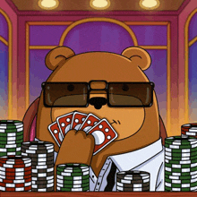 a cartoon of a bear wearing sunglasses and holding cards in front of stacks of poker chips