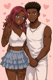 a man and a woman are posing for a picture and the woman is giving the peace sign