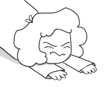 a black and white drawing of a cartoon character with curly hair laying on the ground .