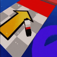 a yellow arrow is pointing to the right on a checkered floor in a video game .