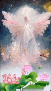 a painting of an angel with pink wings surrounded by pink flowers