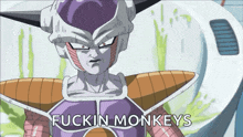 a cartoon character with the words " fuckin monkeys " on the bottom right