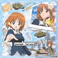 a picture of a girl with panzer forward written in a pixelated speech bubble