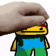 a hand is holding a cartoon character 's head .