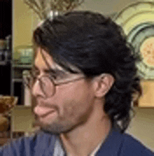 a close up of a man wearing glasses and a blue shirt .