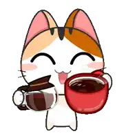 a cartoon cat holding a cup of coffee