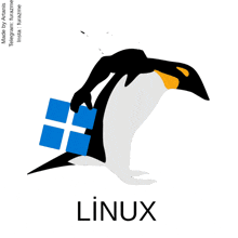 an illustration of a penguin holding a box with the word linux below it