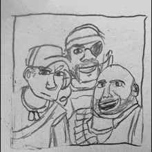 a black and white drawing of three men with one wearing an eye patch