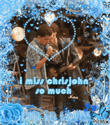 a picture of two boys singing and playing guitar with the words " i miss chris john so much "