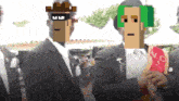 a group of men in suits are standing next to each other with pixelated faces on their heads .