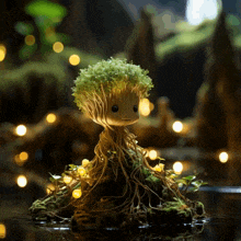 a figurine of a tree with roots and leaves is sitting in the water