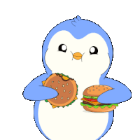 a blue penguin is holding a hamburger and a sandwich