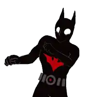a silhouette of a man in a batman costume with a red bat on his chest