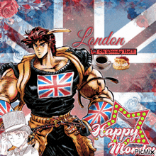 a cartoon of a man with a british flag on his shirt