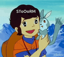 a cartoon girl is holding a small squirrel and smiling .