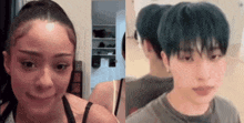 a woman with a ponytail and a man with blue hair are standing next to each other