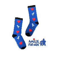 a pair of blue socks with red hearts and white ribbons on them are sponsored by amigos for kids