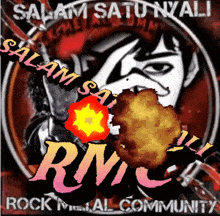 a poster that says rock metal community with a man holding a bomb