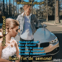 a man and a woman are standing in front of a car with the words weekend placut written above them