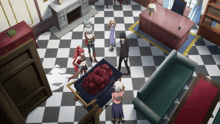 a group of anime characters are standing around a coffin