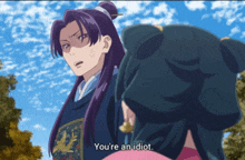 a woman with purple hair says " you 're an idiot " to another woman