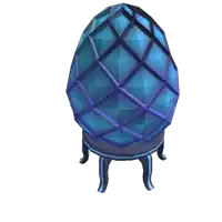 a blue and purple egg is on a stand