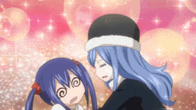 a girl with blue hair has a swirl around her face