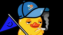a yellow duck wearing a blue hat that says avenida # 23