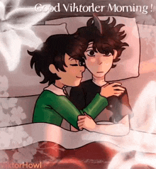a cartoon of a boy and a girl hugging each other in a bed .