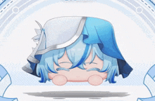 a cartoon character with blue hair is laying down