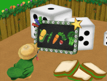 a cartoon character is looking at a display of vegetables