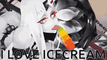 a cartoon character eating a rainbow colored ice cream cone with the words i love ice cream below it