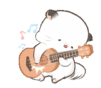a cartoon cat is playing an ukulele with music notes in the background
