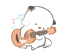 a cartoon cat is playing an ukulele with music notes in the background