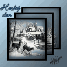 a black and white photo of two deer in front of a snowy house with the words herky den below it