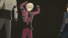 a man in a red suit with a key on his chest is dancing