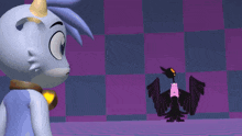 a cartoon cat is standing next to a black cat with big orange eyes