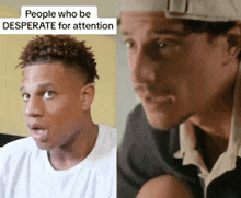 a man wearing a baseball cap and a white shirt is sitting next to another man .