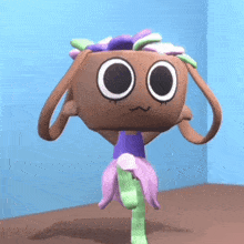 a cartoon character with big eyes and a purple flower on its head