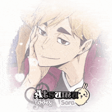 a picture of a boy with the words atsumu loves sora