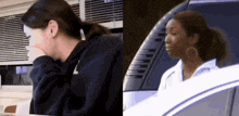 a woman is covering her face with her hand and another woman is sitting in a car .