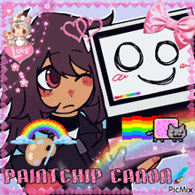 a picture of a girl holding a palette with the words paint chip canon on it